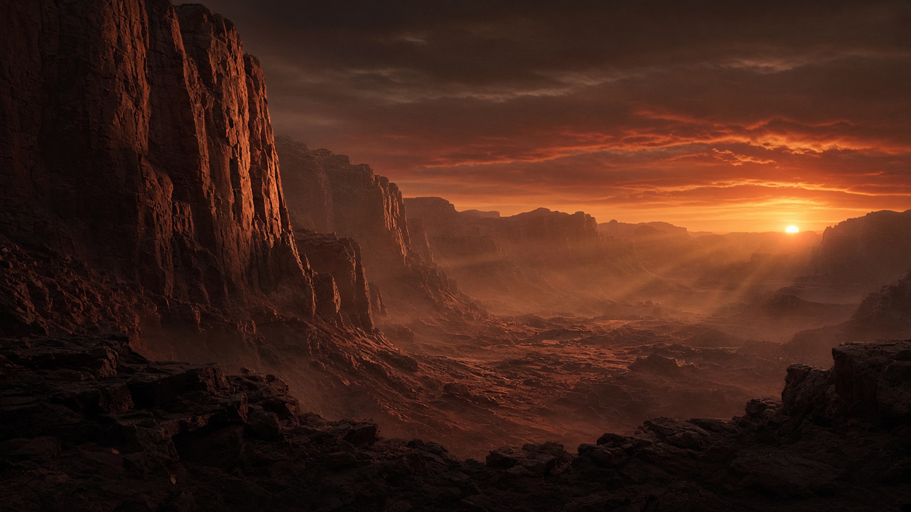 Crimson desert canyon at dusk, cliffs catching gold light