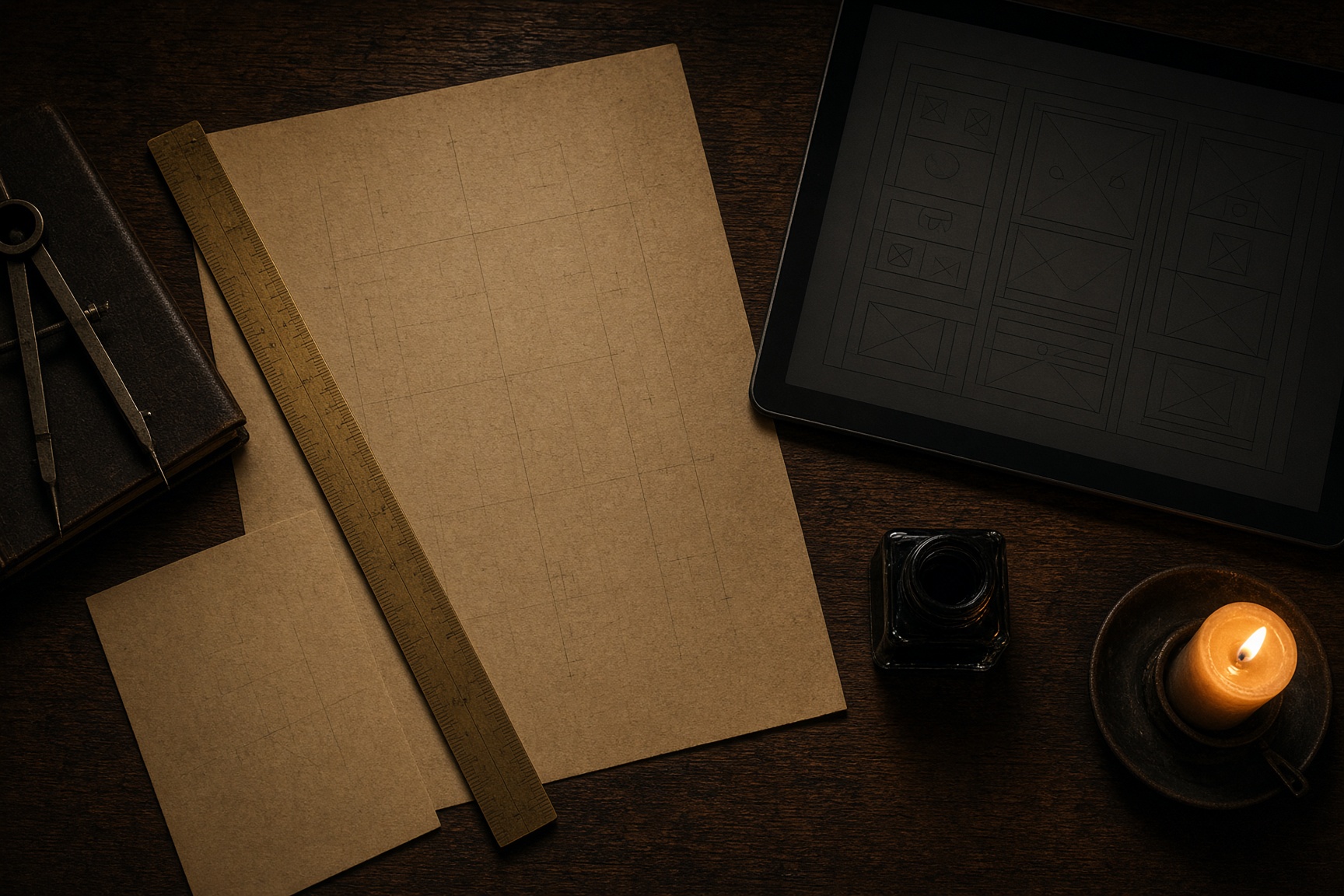 A craftsman’s desk with parchment layouts and a dim screen