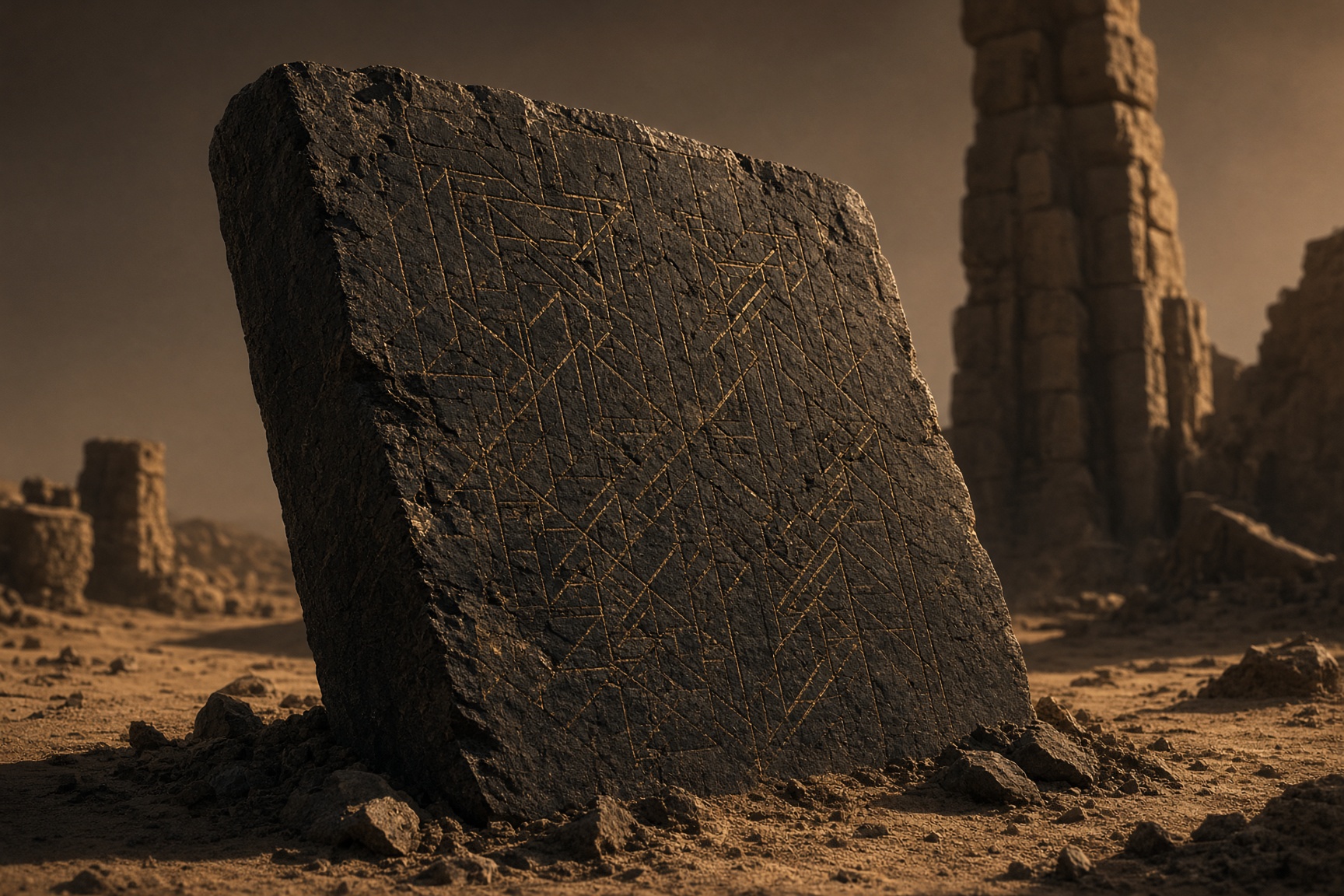 Weathered stone tablet with gold inlay in a desert ruin