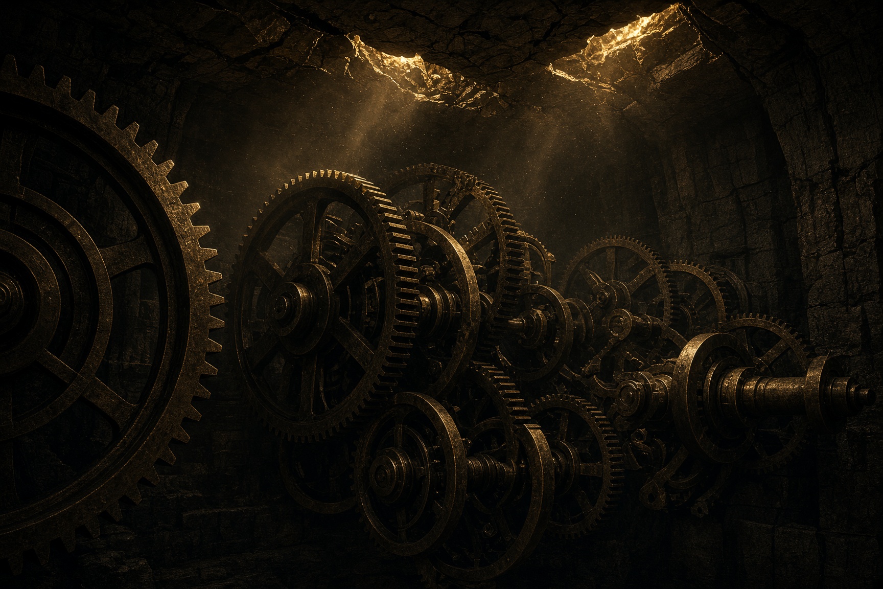 Ancient bronze clockwork gears in a dark stone vault